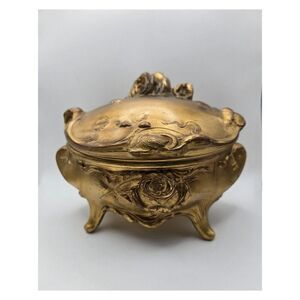 Beautiful Early 1900's Art Nouveau Ornate Gold Sculpted Rose Footed Jewelry Cask